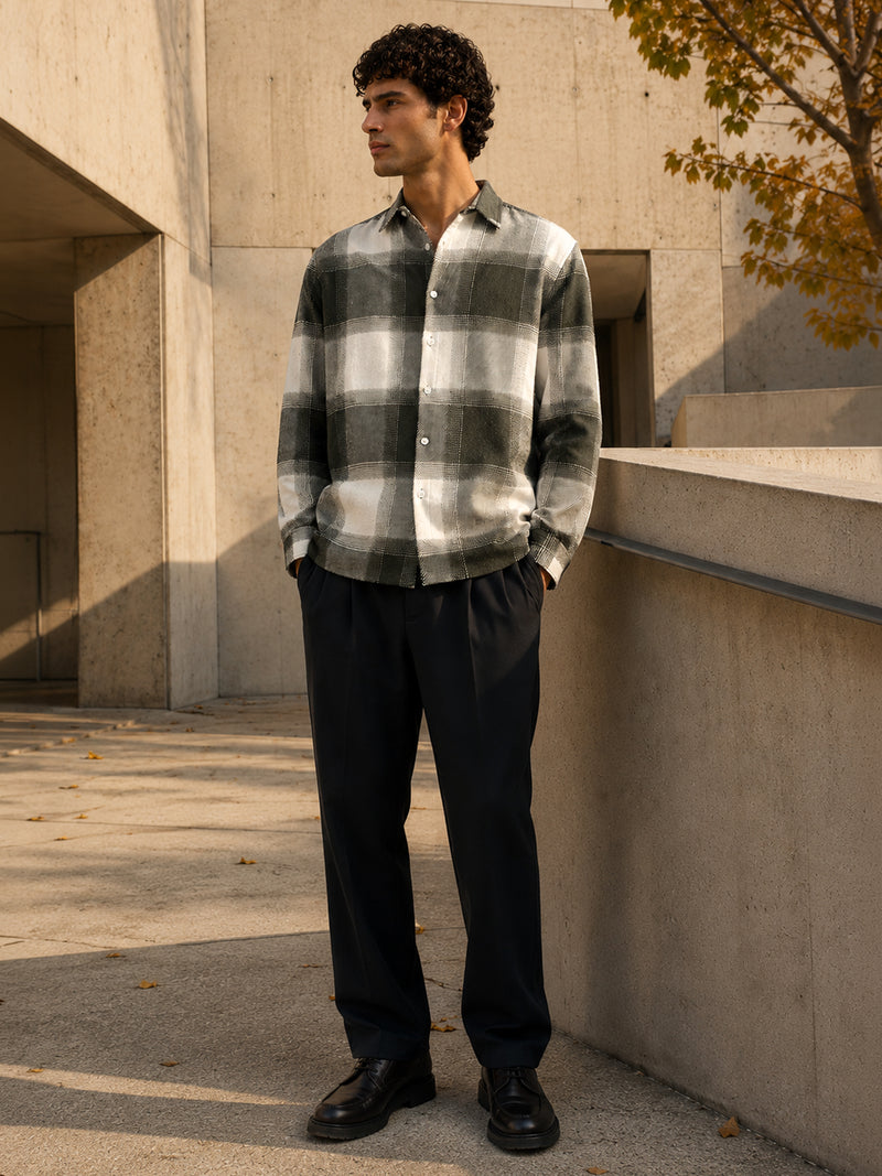 Men’s Olive Green & Grey Gradient Plaid Flannel Overshirt