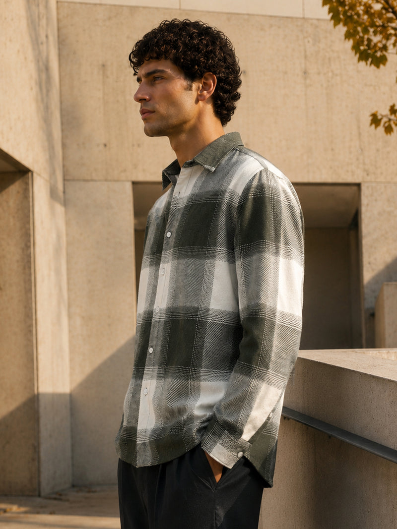 Men’s Olive Green & Grey Gradient Plaid Flannel Overshirt