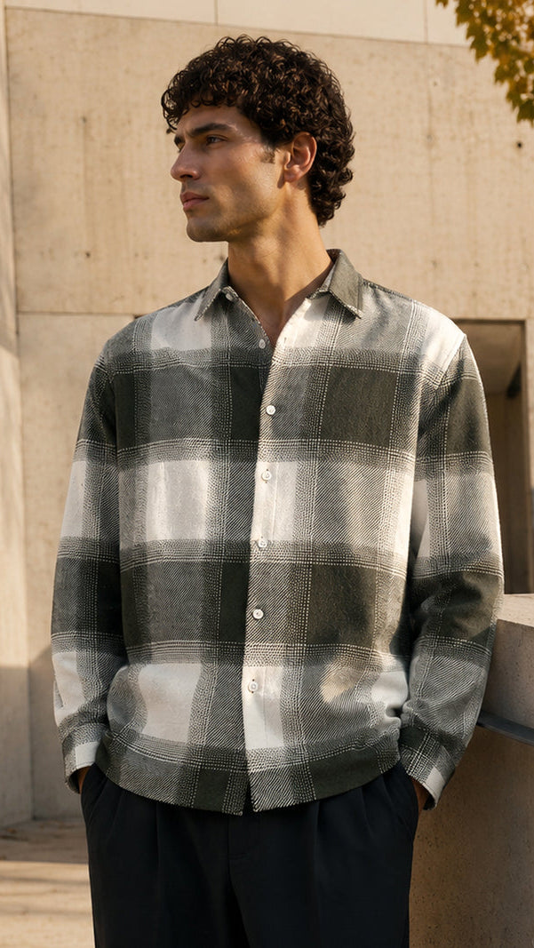 Men’s Olive Green & Grey Gradient Plaid Flannel Overshirt