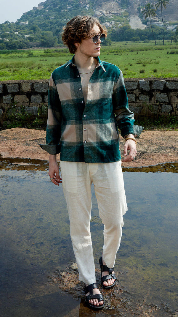 Men’s Teal & Tan/Beige Block Plaid Flannel Overshirt