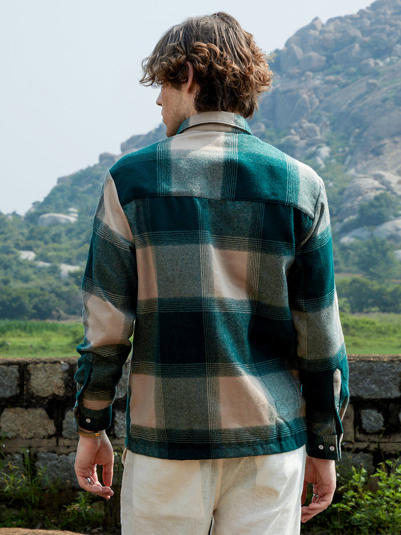 Men’s Teal & Tan/Beige Block Plaid Flannel Overshirt