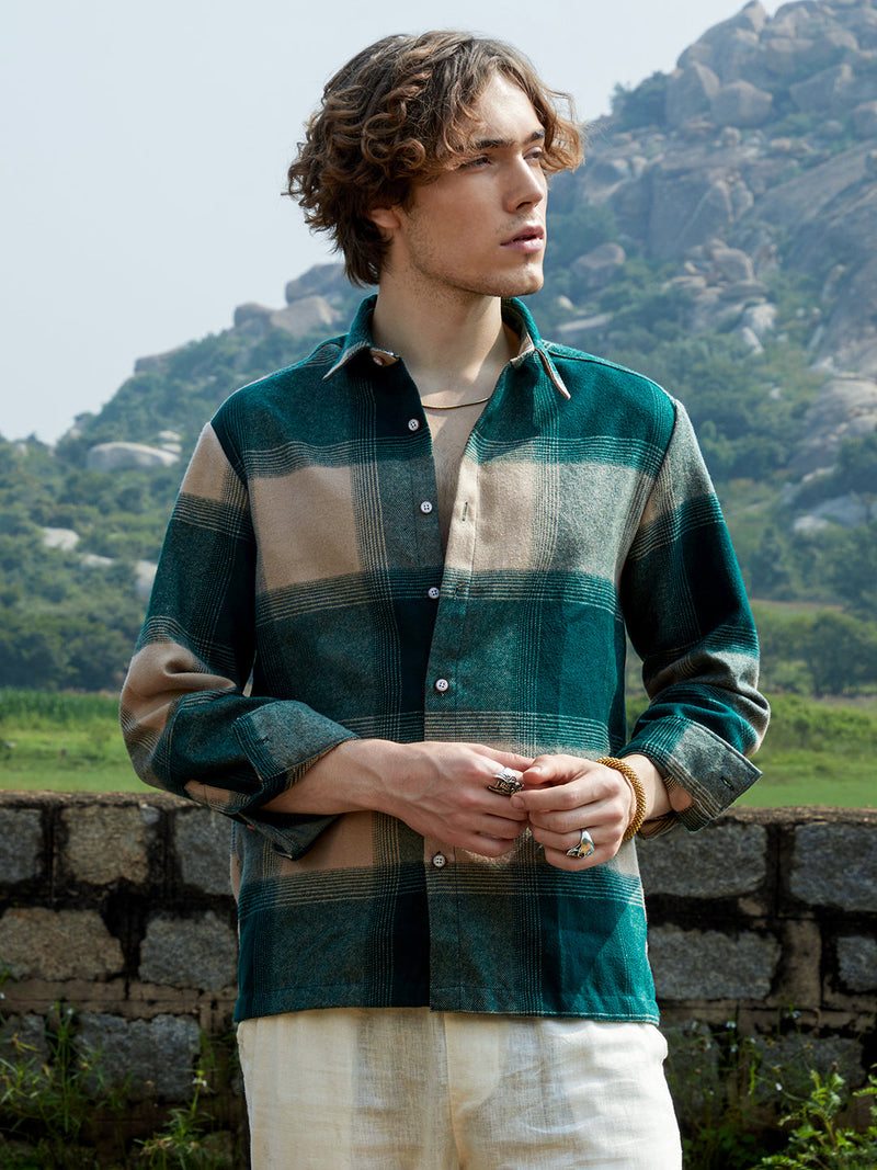 Men’s Teal & Tan/Beige Block Plaid Flannel Overshirt
