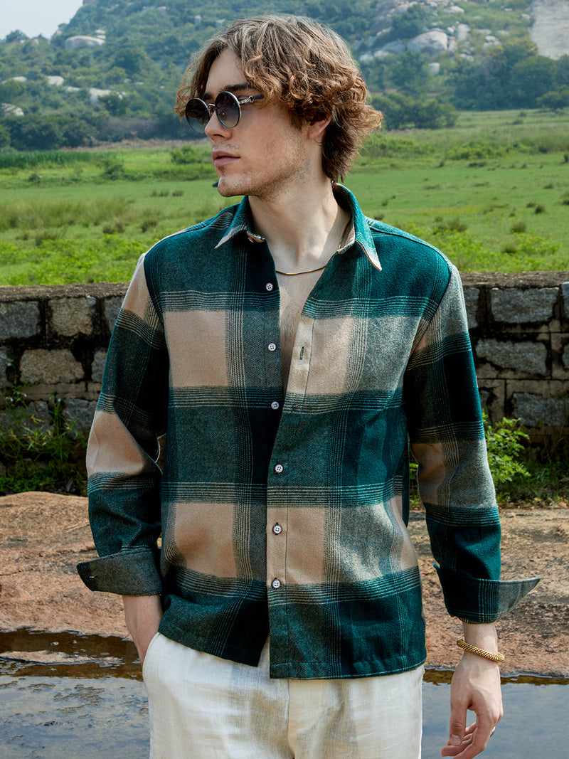 Men’s Teal & Tan/Beige Block Plaid Flannel Overshirt