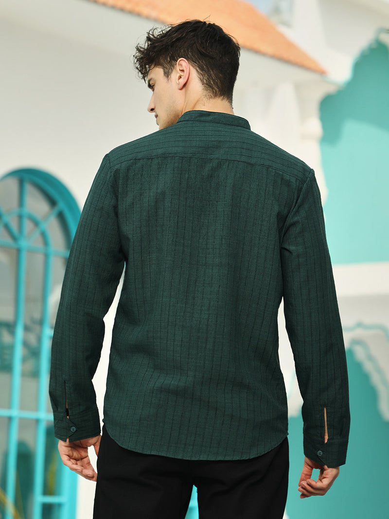 Men’s Forest Green Textured Linen-Blend Band Collar Shirt