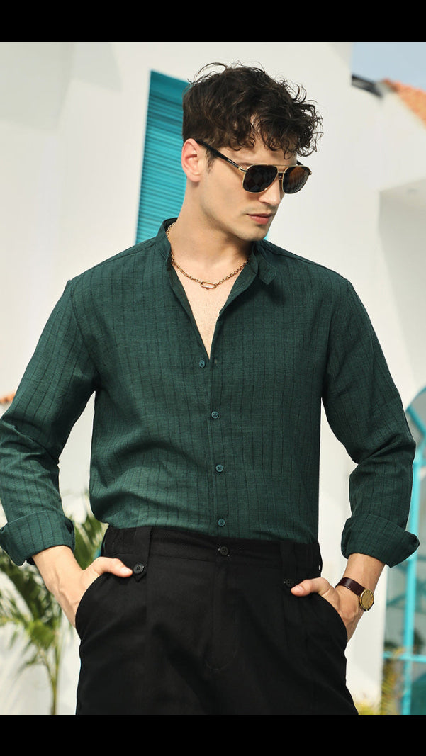 Men’s Forest Green Textured Linen-Blend Band Collar Shirt