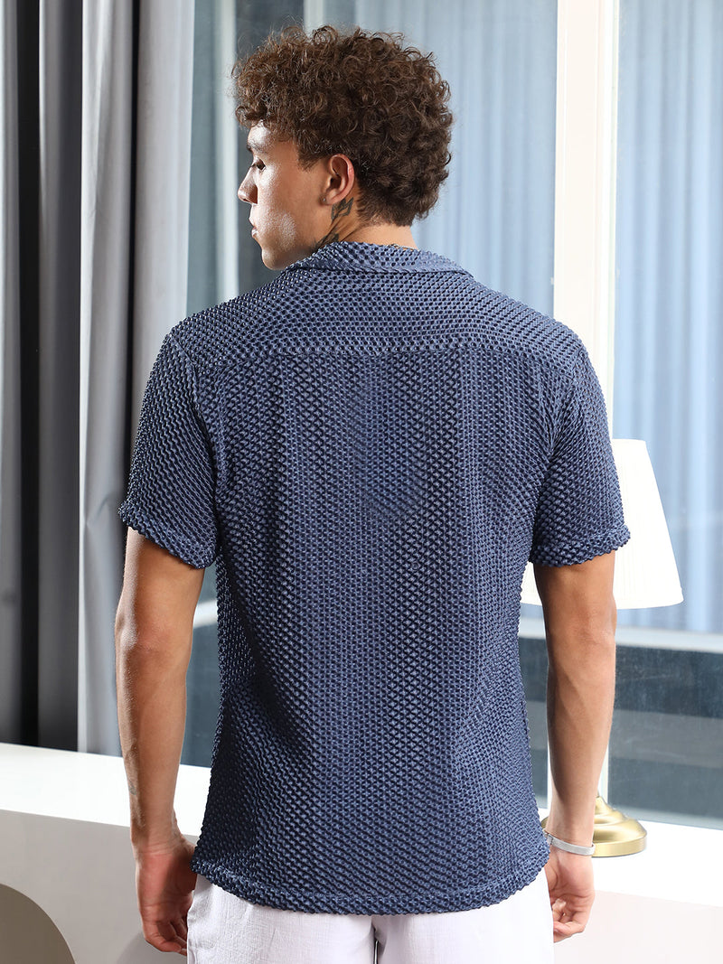 Men’s Blue Open-Weave Mesh/Crochet Cuban Collar Shirt