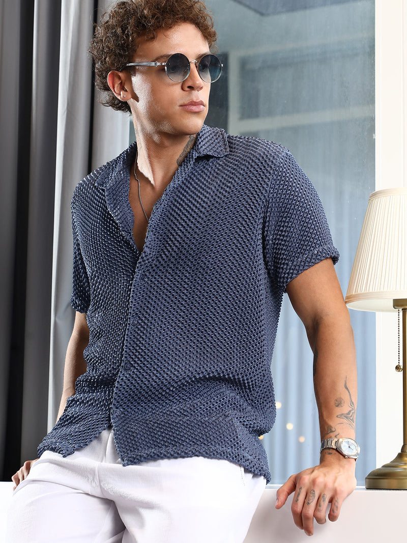 Men’s Blue Open-Weave Mesh/Crochet Cuban Collar Shirt
