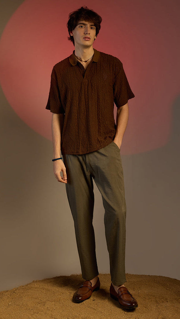 Men’s Chocolate Brown Textured Cable & Diamond Knit Polo Shirt