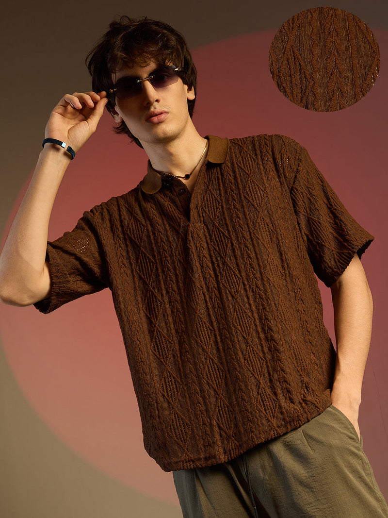 Men’s Chocolate Brown Textured Cable & Diamond Knit Polo Shirt