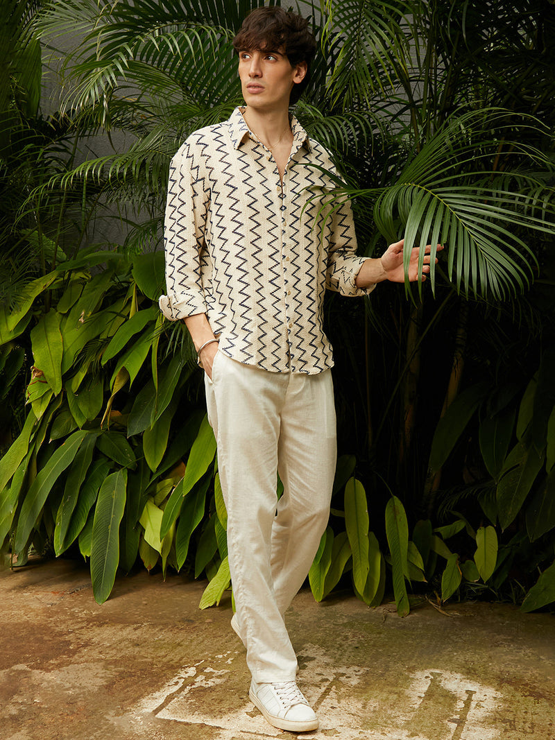 Men’s Cream Zig-Zag Jacquard Textured Full-Sleeve Shirt