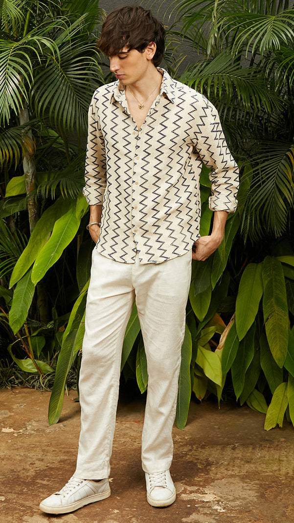 Men’s Cream Zig-Zag Jacquard Textured Full-Sleeve Shirt