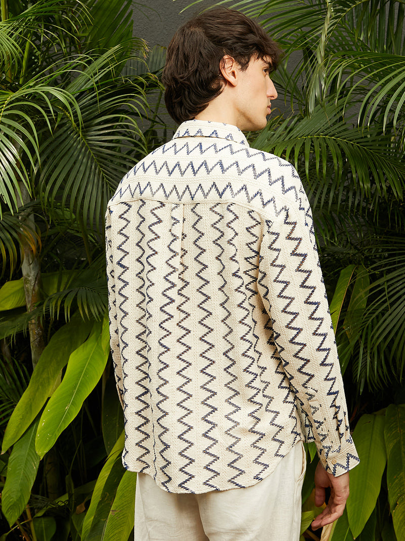 Men’s Cream Zig-Zag Jacquard Textured Full-Sleeve Shirt