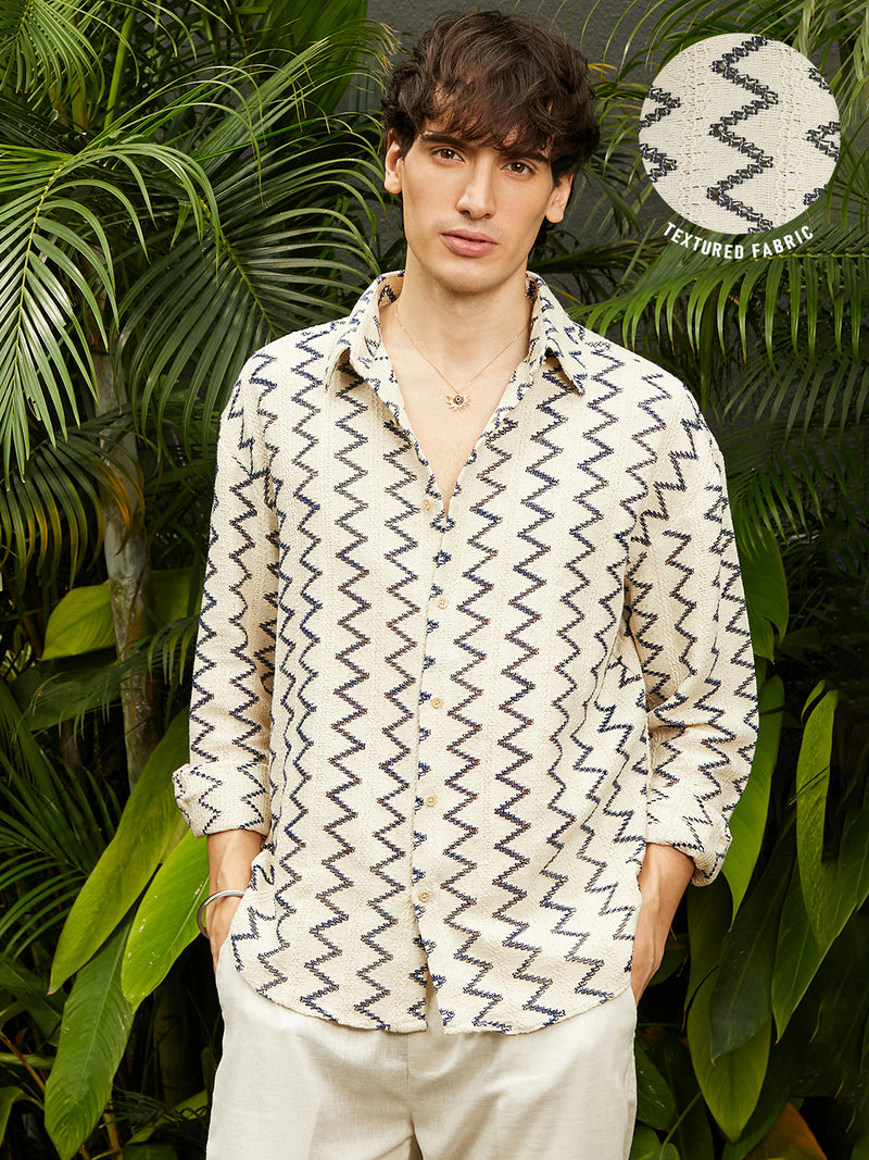 Men’s Cream Zig-Zag Jacquard Textured Full-Sleeve Shirt