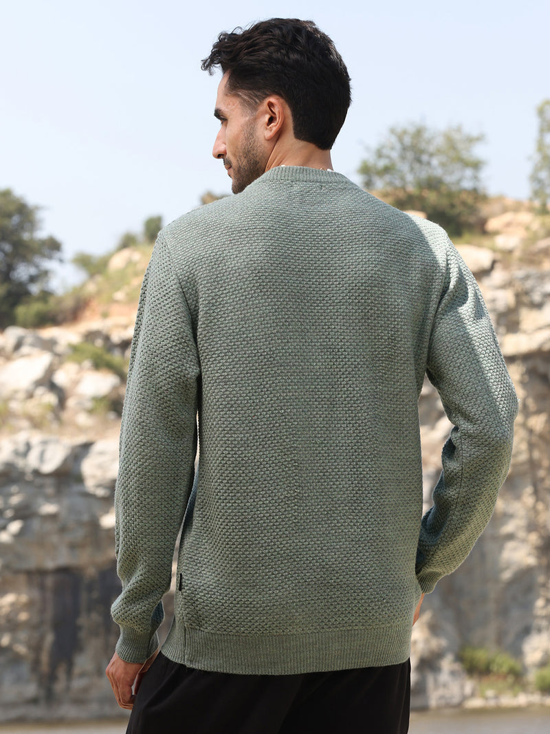 Men’s Sage Green Textured Popcorn-Knit Crew Neck Sweater