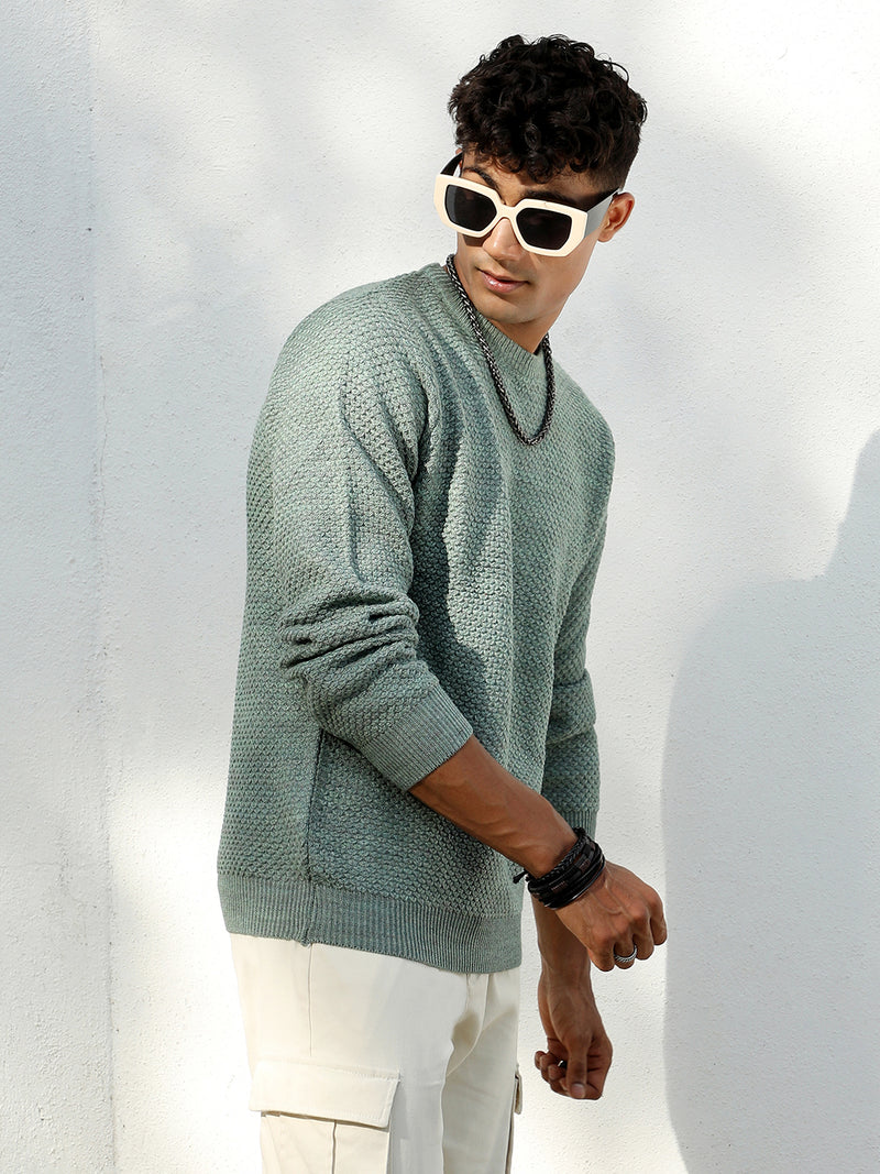 Men’s Sage Green Textured Popcorn-Knit Crew Neck Sweater