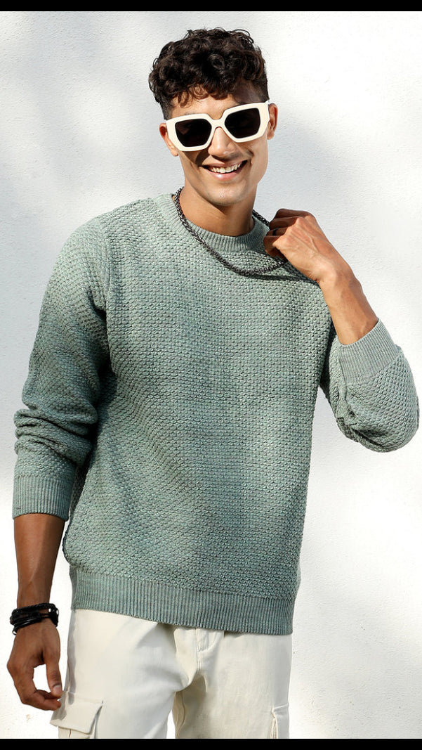 Men’s Sage Green Textured Popcorn-Knit Crew Neck Sweater