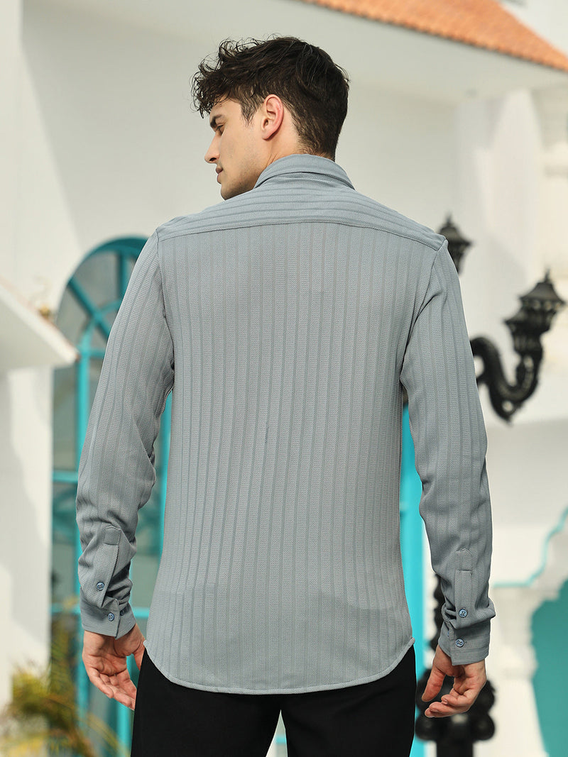 Men’s Slate Grey Textured Vertical-Stripe Full-Sleeve Shirt