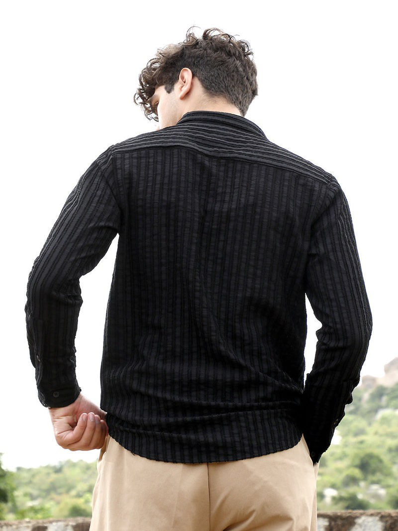 Men’s Black Textured Vertical-Stripe Full-Sleeve Shirt