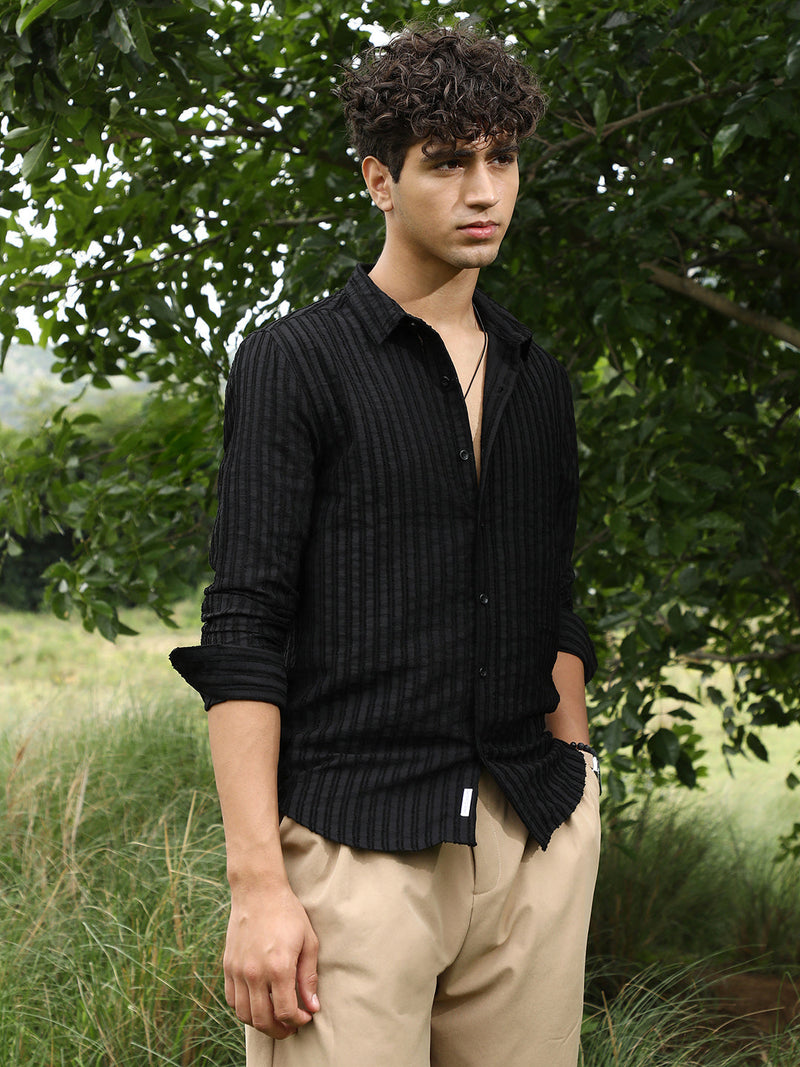 Men’s Black Textured Vertical-Stripe Full-Sleeve Shirt