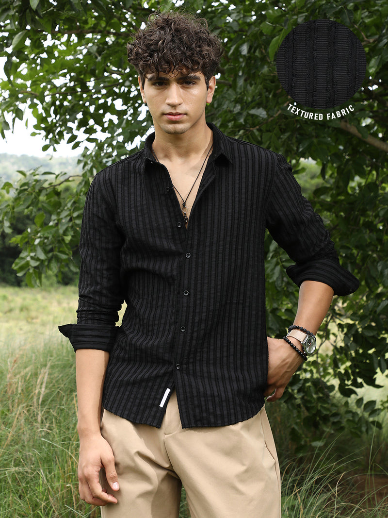Men’s Black Textured Vertical-Stripe Full-Sleeve Shirt