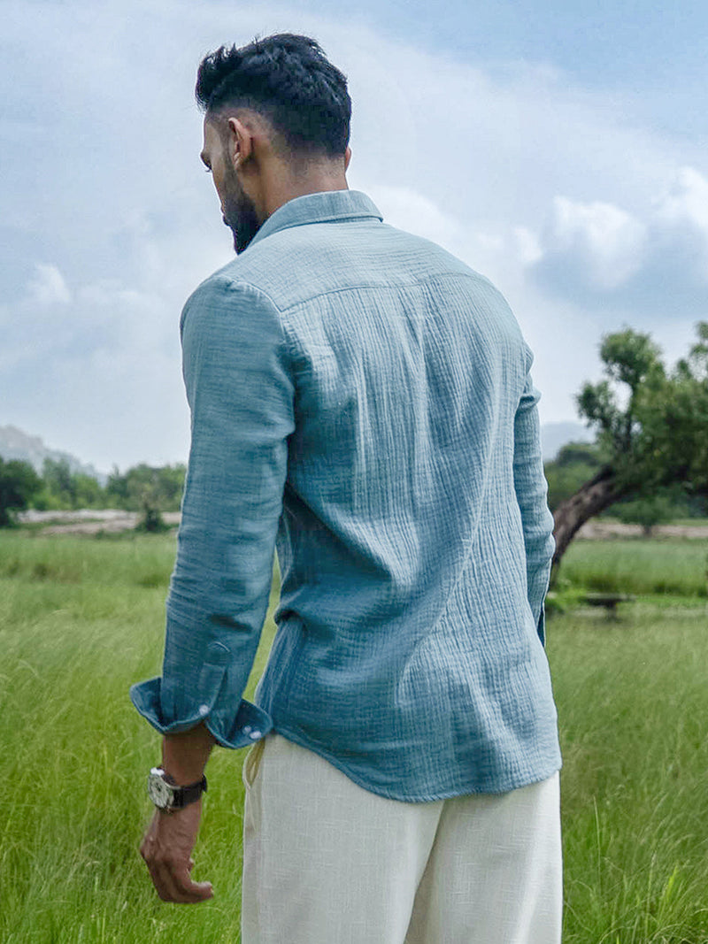 Men’s Sky Blue Double Gauze Textured Full-Sleeve Shirt