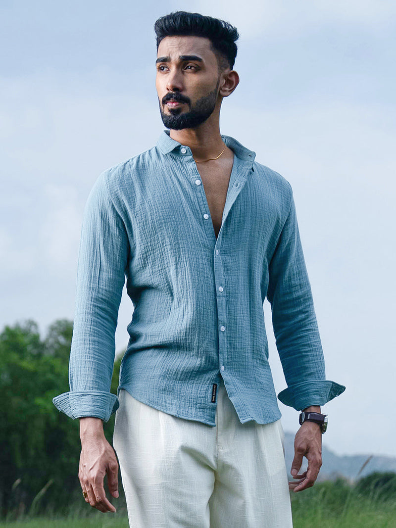 Men’s Sky Blue Double Gauze Textured Full-Sleeve Shirt