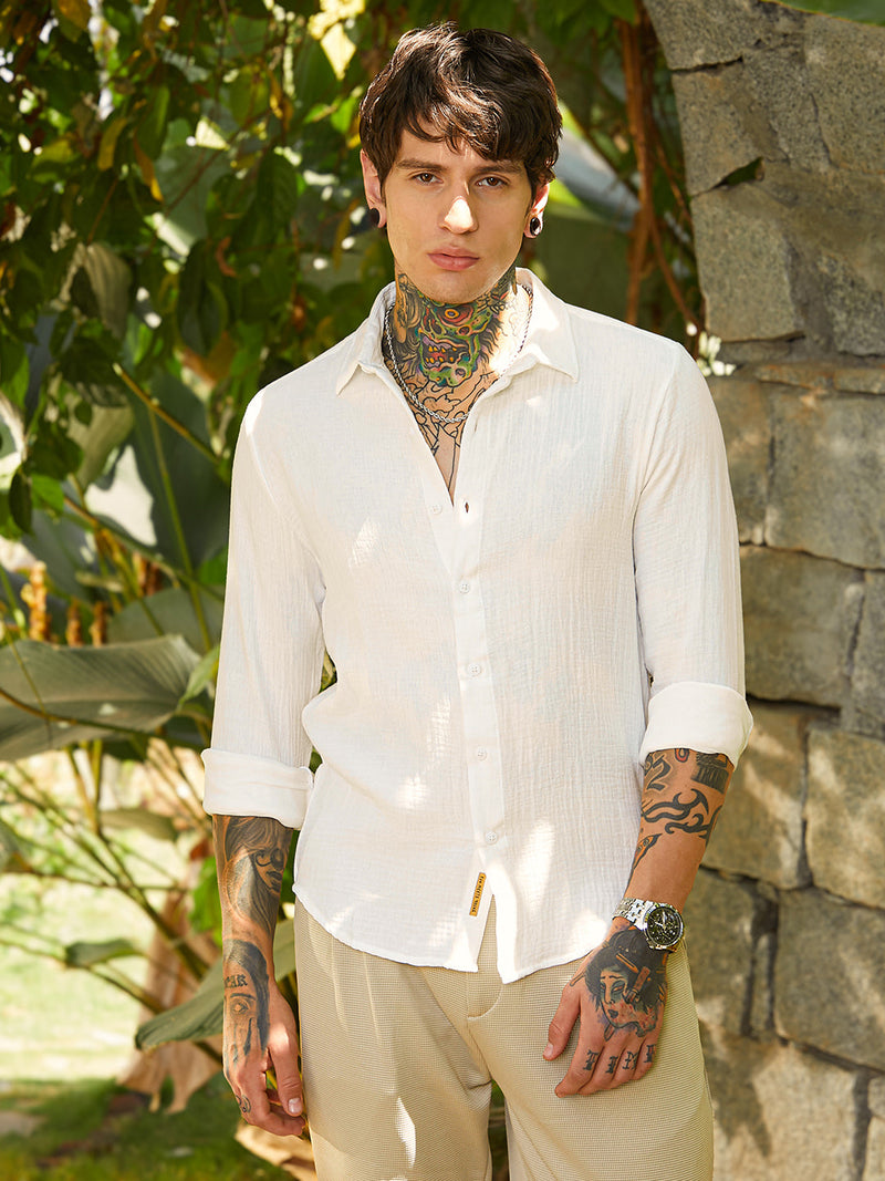 Men’s Off-White Double Gauze Textured Full-Sleeve Shirt
