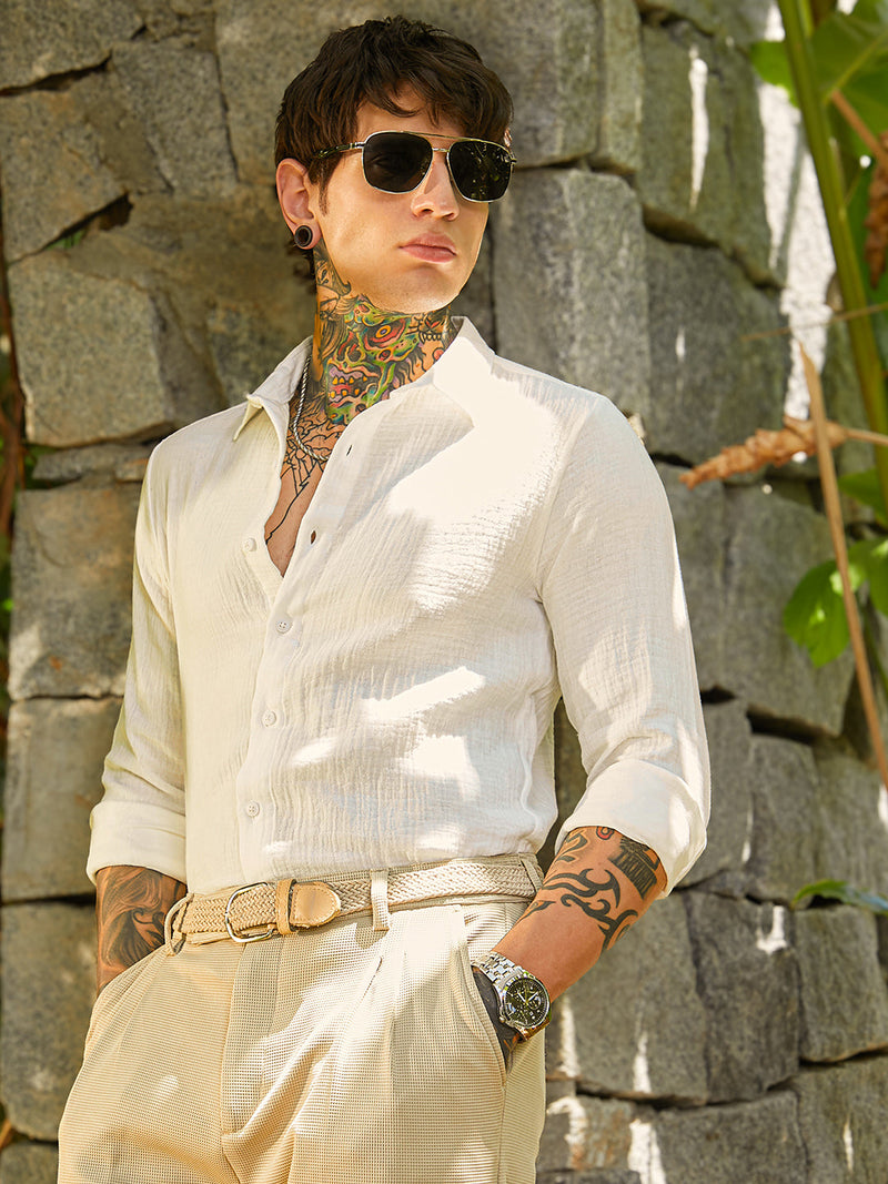 Men’s Off-White Double Gauze Textured Full-Sleeve Shirt