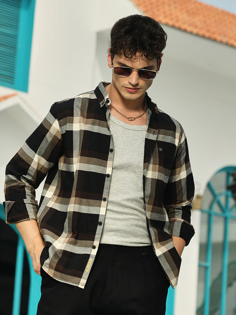 Men’s Premium Plaid Casual Button-Down Shirt – Brown & Grey Check