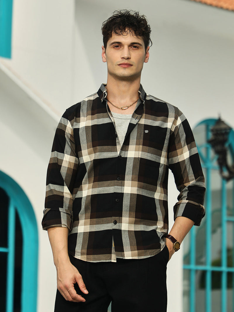 Men’s Premium Plaid Casual Button-Down Shirt – Brown & Grey Check