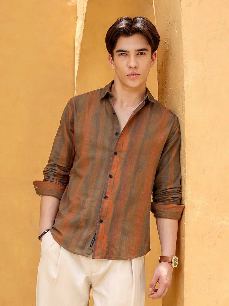 Men’s Rustic Rust & Olive Vertical Striped Casual Shirt