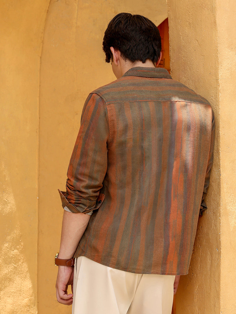 Men’s Rustic Rust & Olive Vertical Striped Casual Shirt