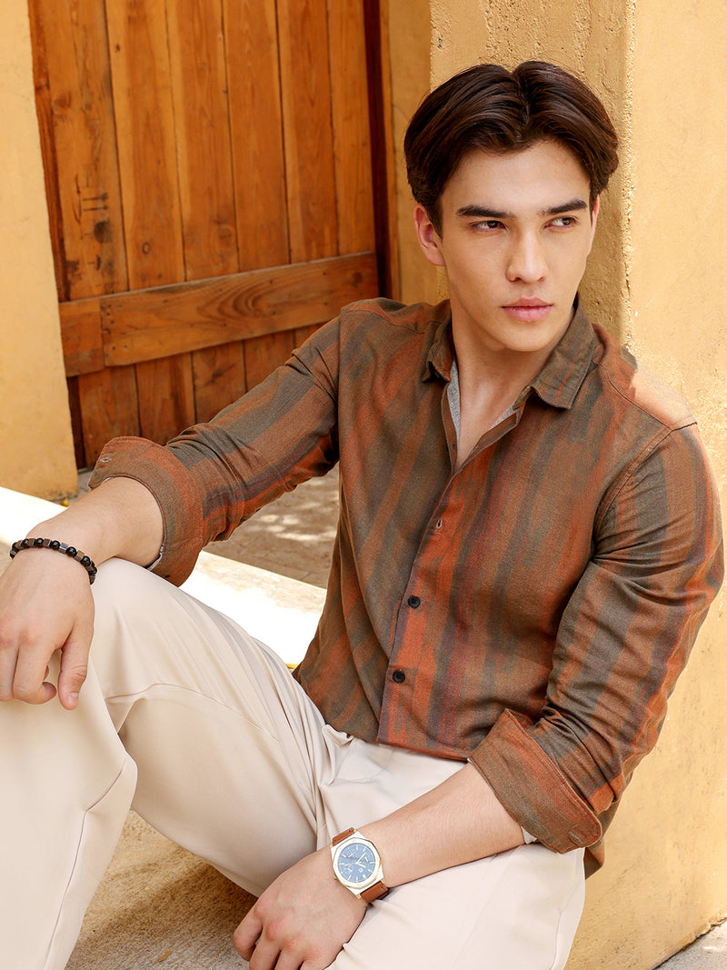 Men’s Rustic Rust & Olive Vertical Striped Casual Shirt