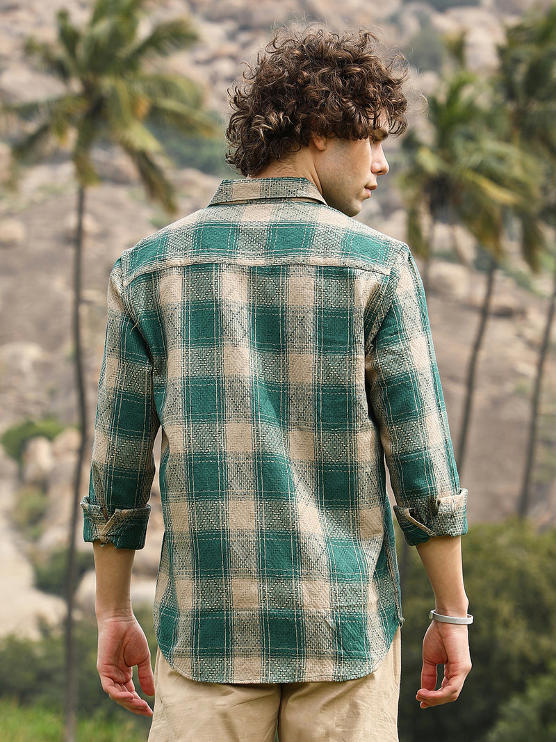 Men’s Forest Green & Beige Texturized Check Casual Shirt with Dual Pockets