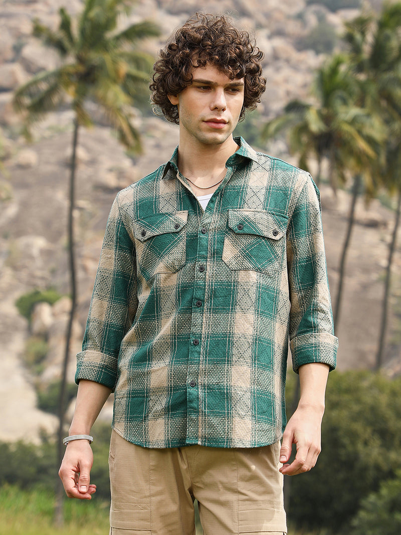 Men’s Forest Green & Beige Texturized Check Casual Shirt with Dual Pockets