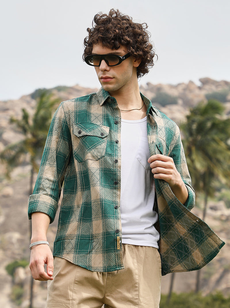Men’s Forest Green & Beige Texturized Check Casual Shirt with Dual Pockets