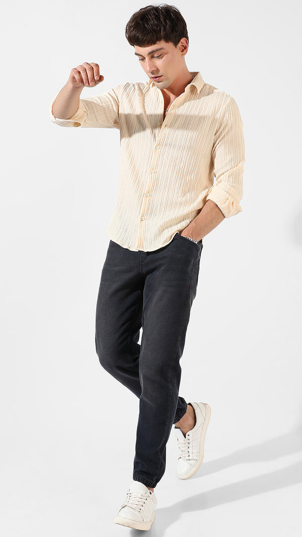 Men’s Cream Pleated Texture Casual Shirt