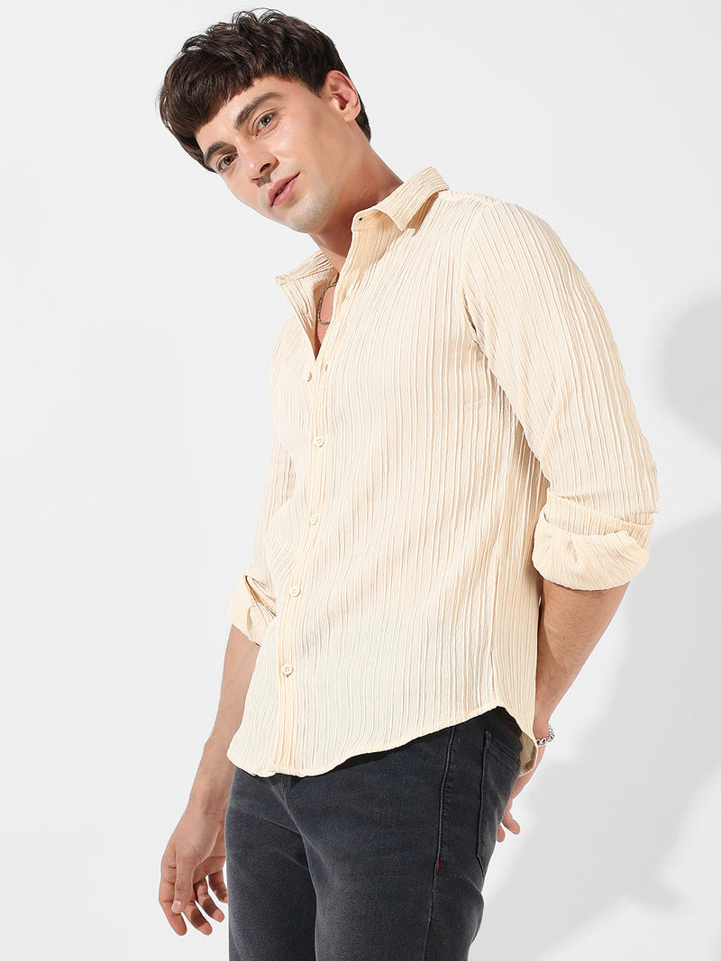 Men’s Cream Pleated Texture Casual Shirt