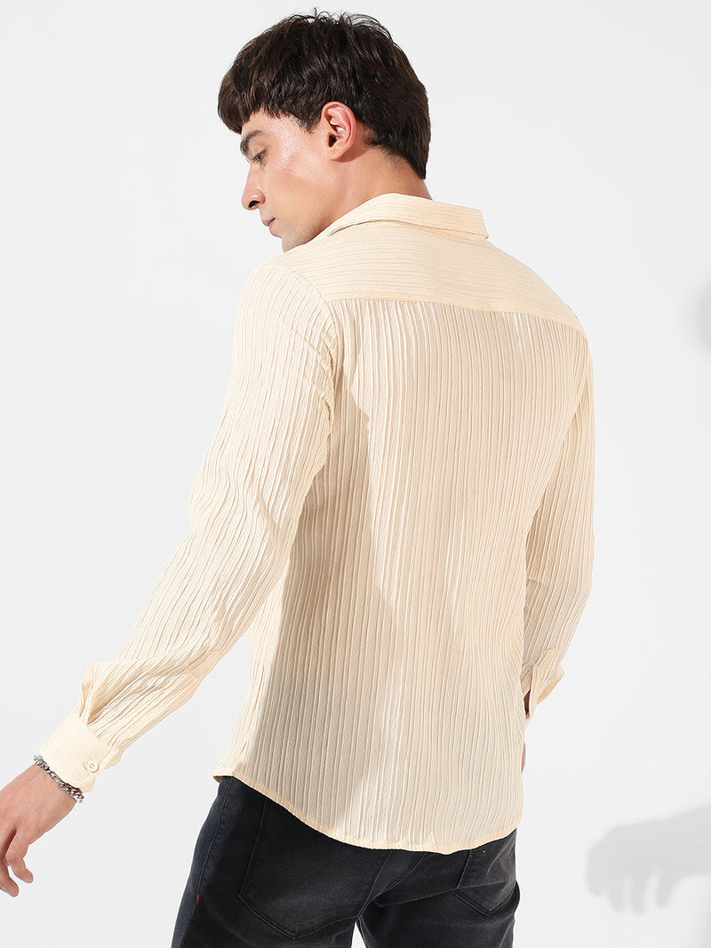 Men’s Cream Pleated Texture Casual Shirt