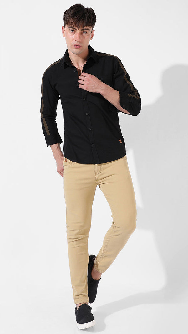 Men’s Black Casual Shirt with Olive Shoulder Tape Detail