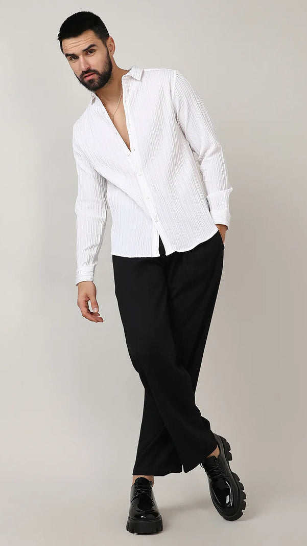 Men’s Pure White Vertical-Pleated Casual Shirt