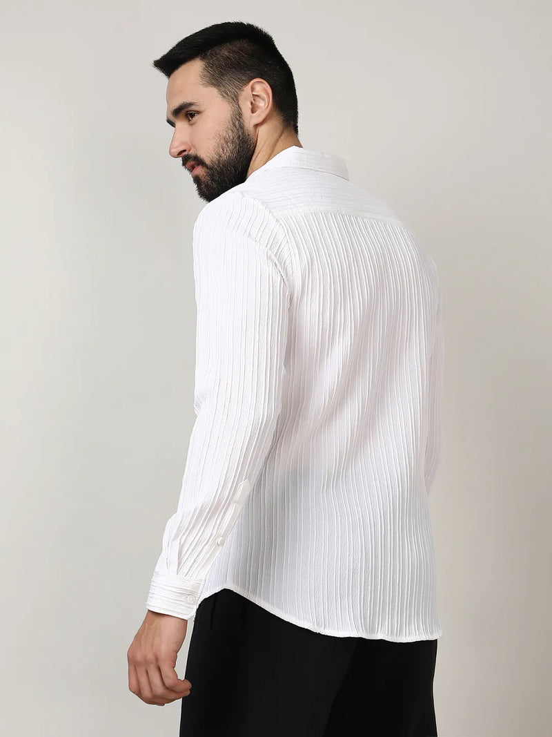 Men’s Pure White Vertical-Pleated Casual Shirt