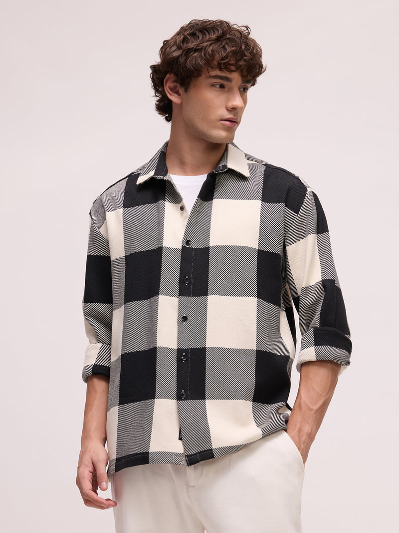 Men’s Monochrome Oversized Buffalo Check Casual Shirt – Black & Off-White