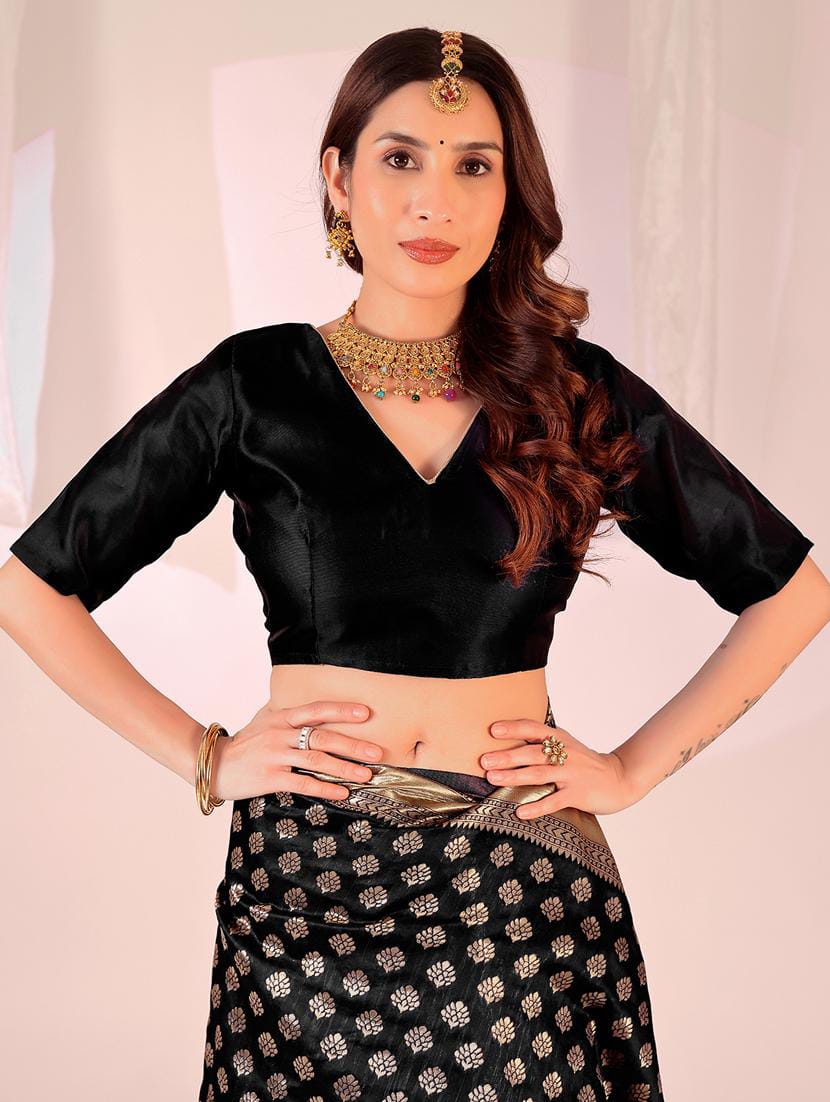 Women’s Regal Black Banarasi Soft Silk Saree with Woven Zari Border & Pallu