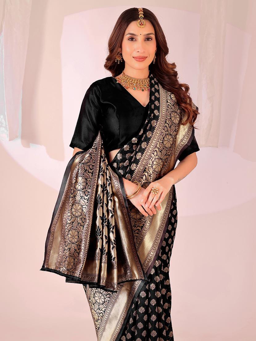 Women’s Regal Black Banarasi Soft Silk Saree with Woven Zari Border & Pallu