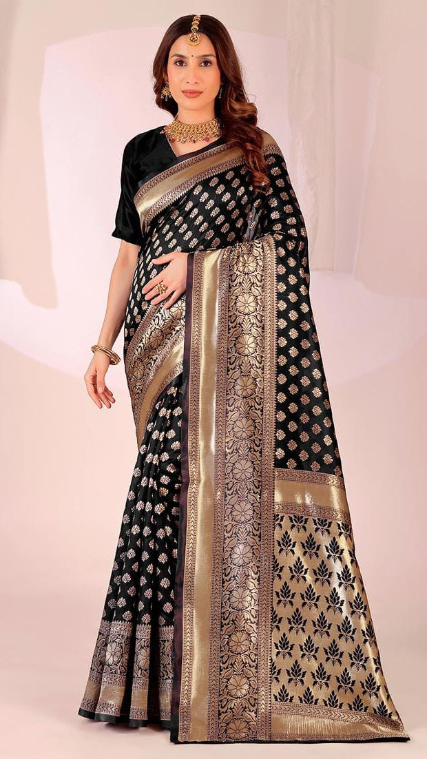 Women’s Regal Black Banarasi Soft Silk Saree with Woven Zari Border & Pallu