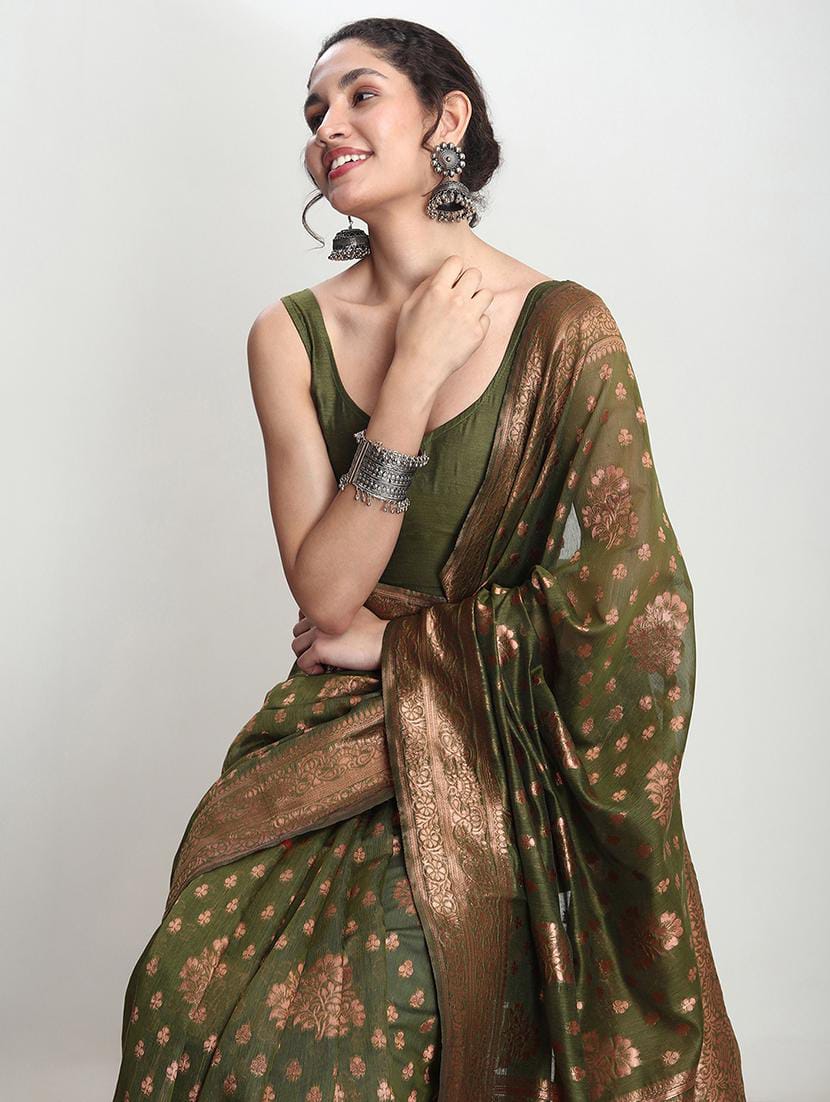 Olive Green Woven Banarasi Organza / Chiffon Saree with Antique Gold Zari Floral Work