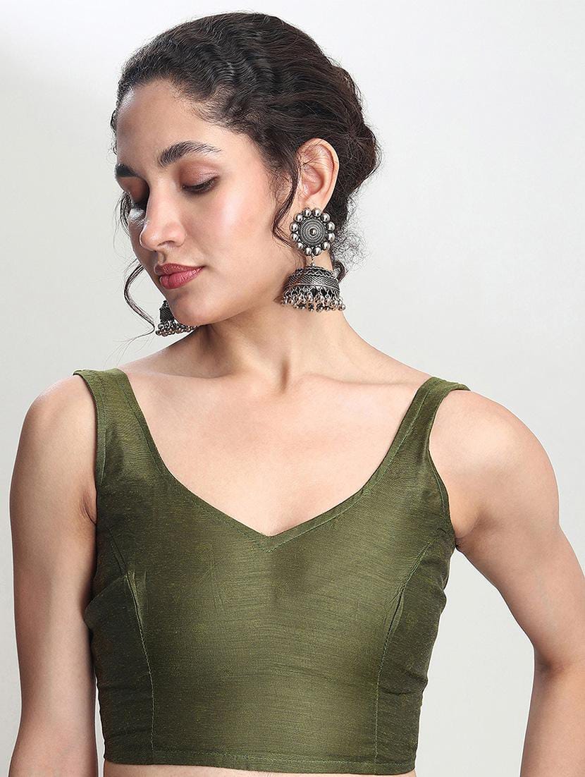 Olive Green Woven Banarasi Organza / Chiffon Saree with Antique Gold Zari Floral Work