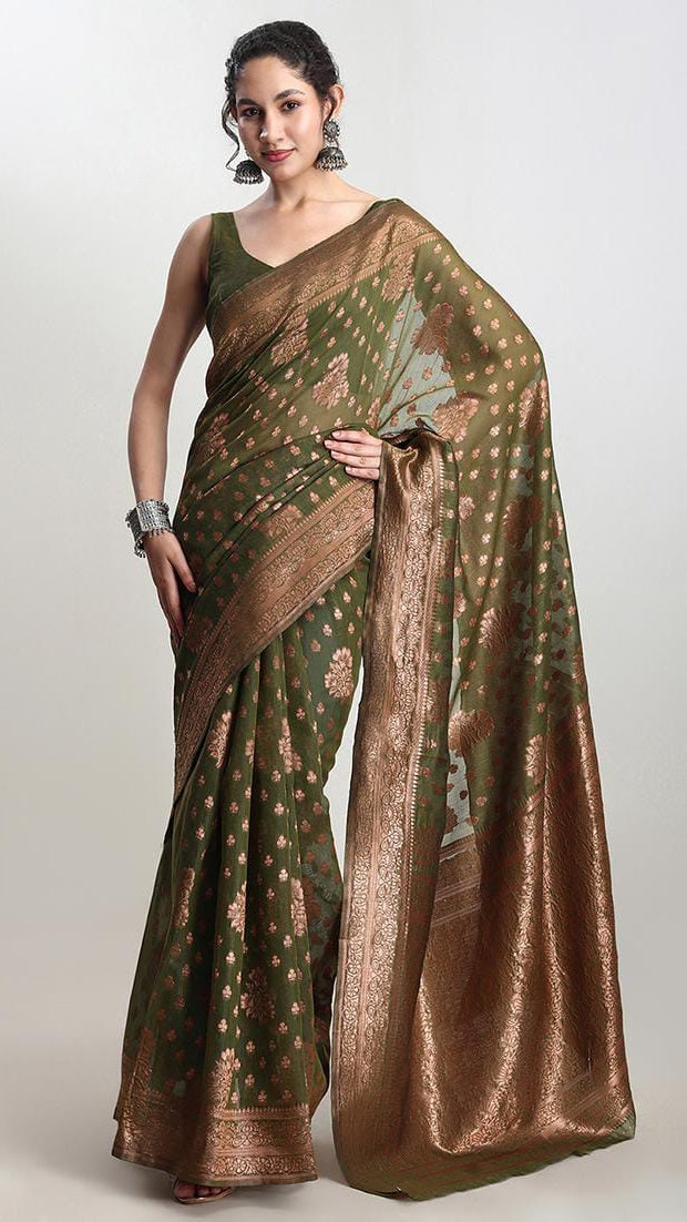 Olive Green Woven Banarasi Organza / Chiffon Saree with Antique Gold Zari Floral Work