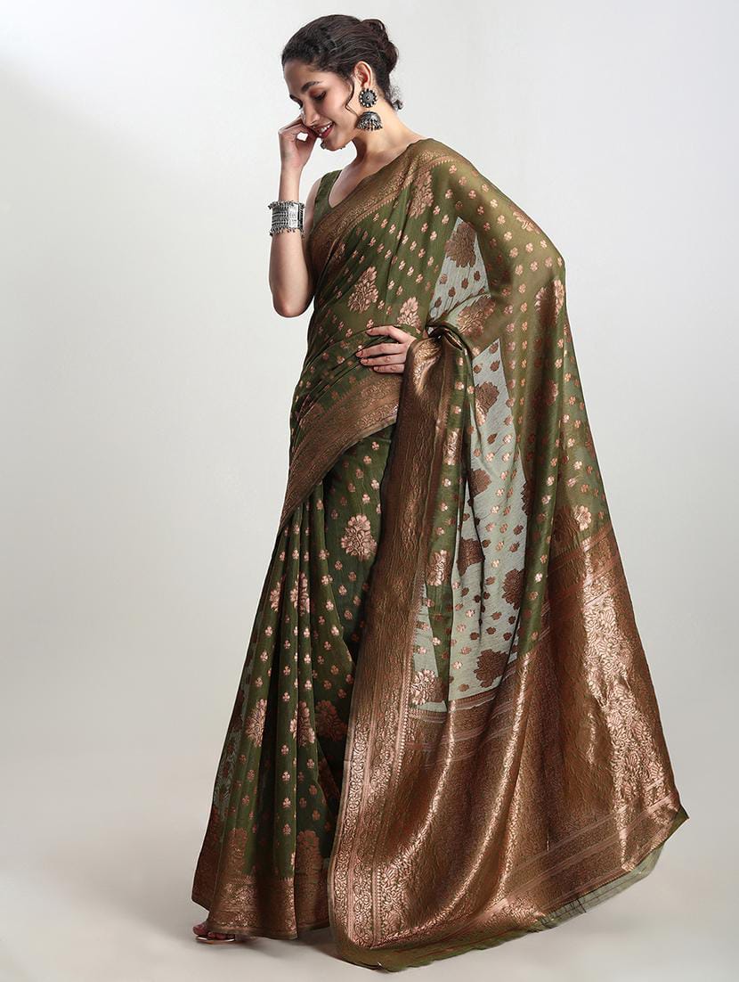 Olive Green Woven Banarasi Organza / Chiffon Saree with Antique Gold Zari Floral Work